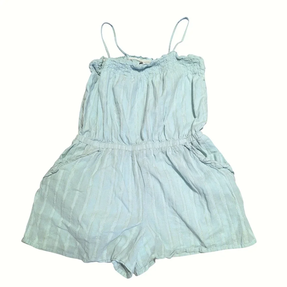 Janie and Jack Girls Blue Gold Lurex Striped Smocked Lightweight Romper Size 8